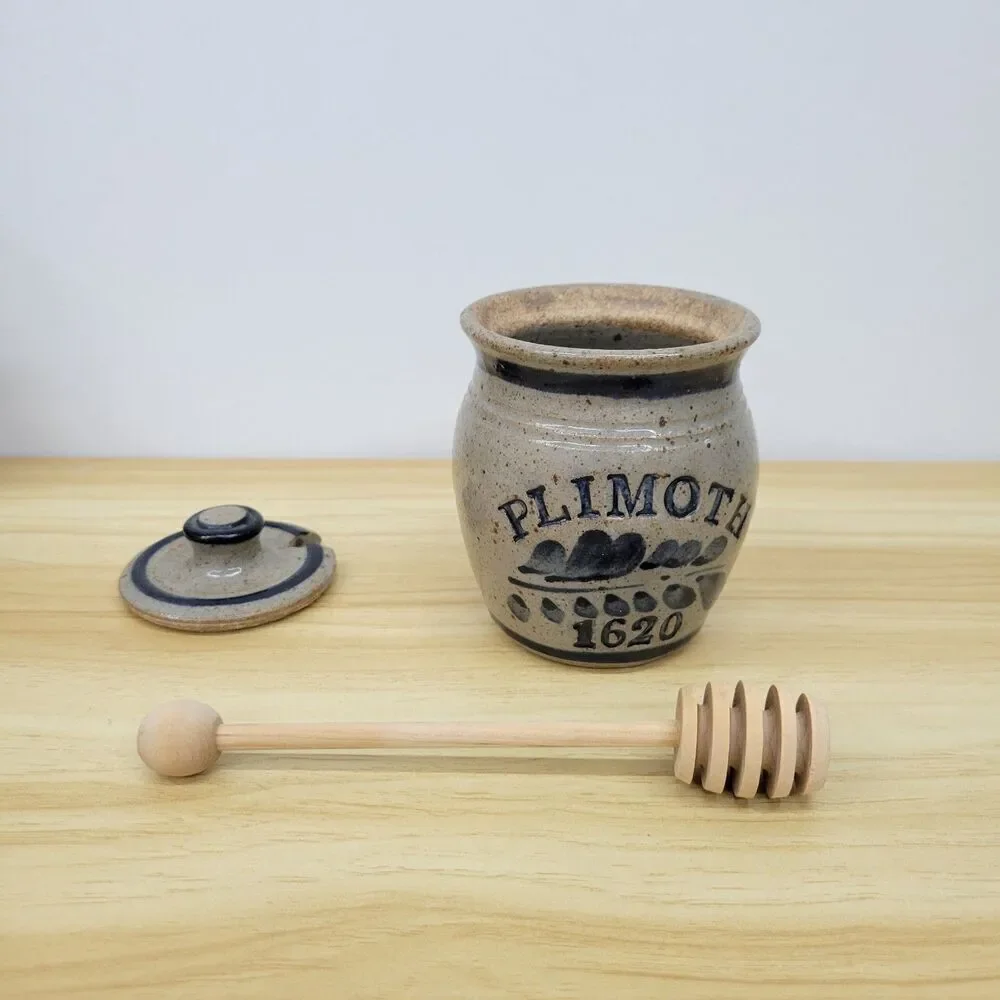 Plimoth 1620 Stoneware Honey Pot with Lid and Dipper – Historic Reproduction - Picture 6 of 12